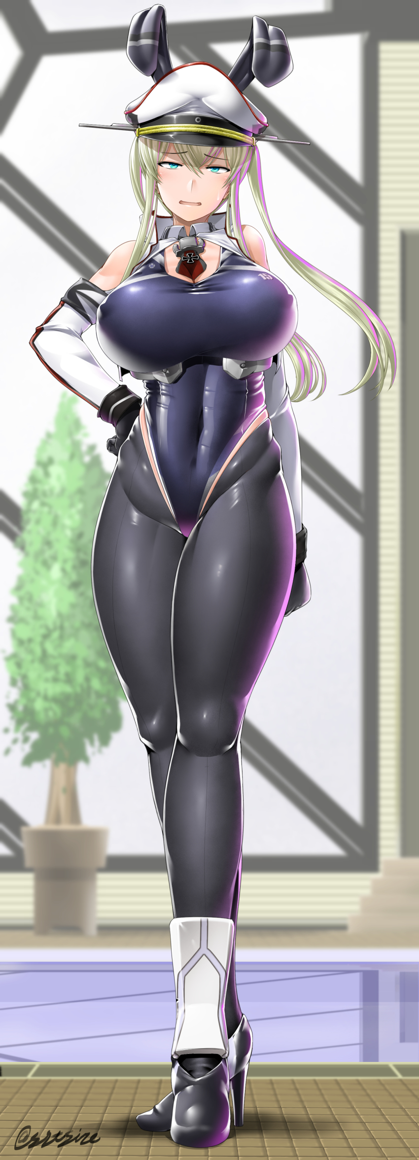 1girl, absurdres, adapted_costume, animal_ears, ascot, black_gloves, black_one-piece_swimsuit, black_pantyhose