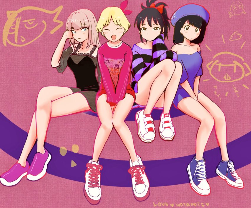 4girls, blonde_hair, casual, closed_eyes, hat, highres, kajino_(aosansai), katou_asuka, kusunoki_kaho, long_hair, multiple_girls, narita_miho, off-shoulder_shirt, off_shoulder, ponytail, ribbon, sasaki_fuuka, shirt, shoes, short_hair, sitting, smile, sneakers, watashi_ga_motenai_no_wa_dou_kangaetemo_omaera_ga_warui!