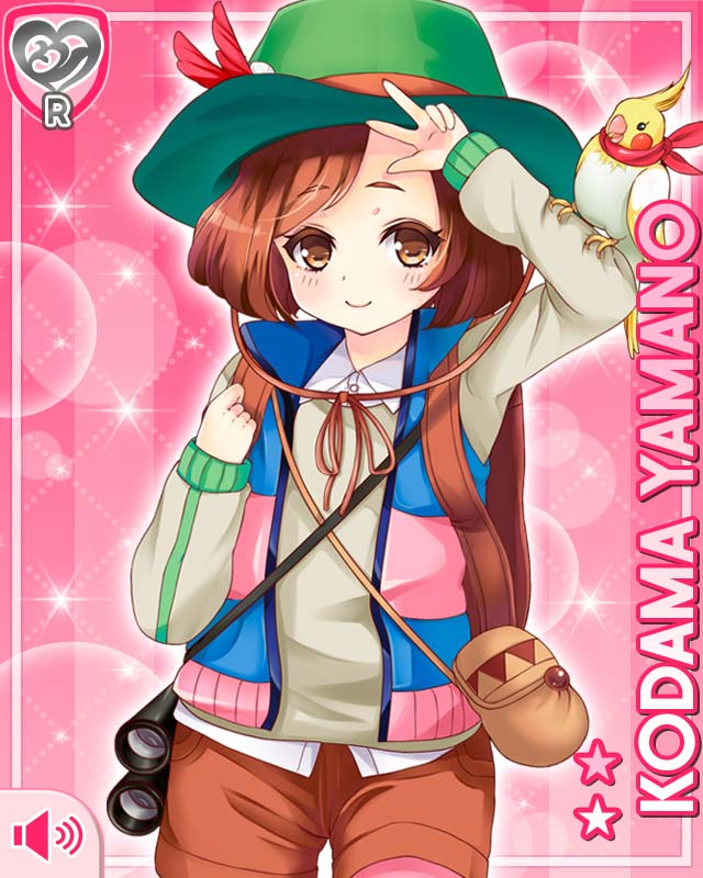 1girl, backpack, bag, bird, brown_eyes, brown_hair, card, closed_mouth