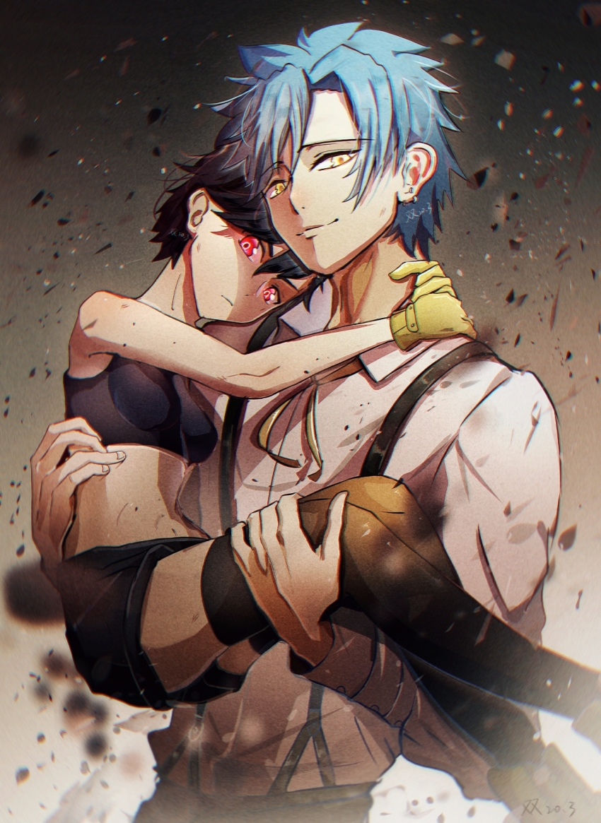 1boy, 1girl, anaido, black_hair, black_shorts, black_thighhighs, blue_hair, breasts