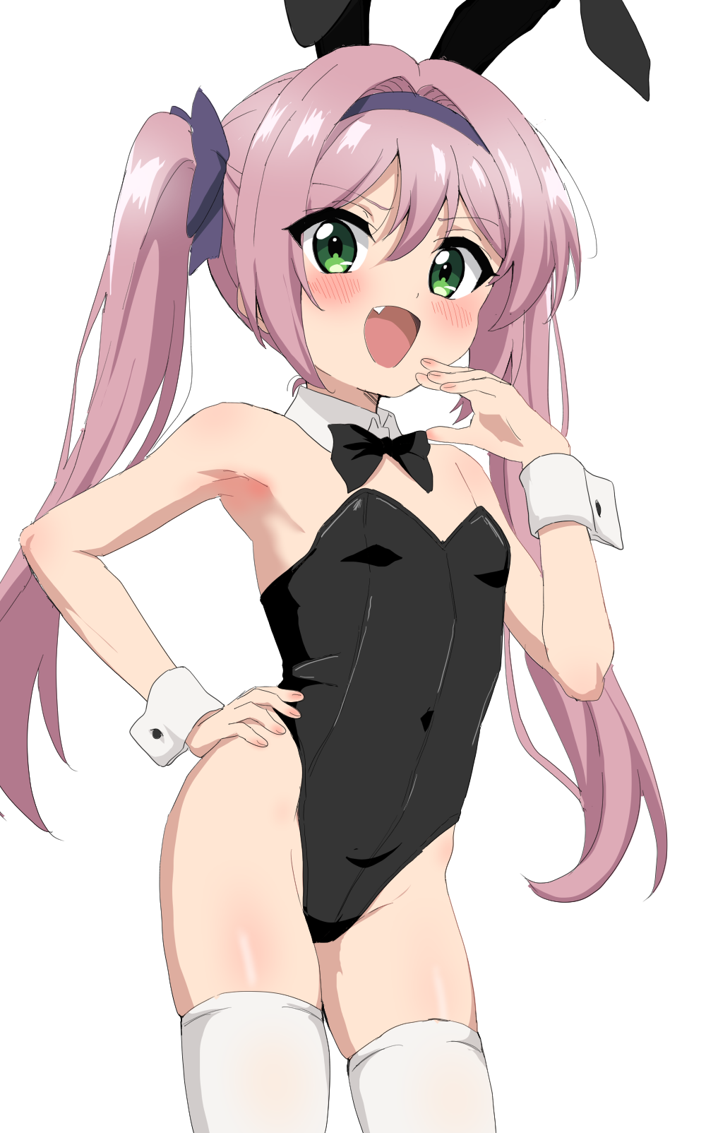 1girl, :d, animal_ears, black_bow, black_bowtie, black_leotard, blush, bow, bowtie, brown_hair, collar, detached_collar, fake_animal_ears, fang, female_focus, green_eyes, groin, hair_between_eyes, hair_bow, hairband, hand_on_own_hip, hand_up, highres, leotard, long_hair, looking_at_viewer, misaki_sango, open_mouth, playboy_bunny, purple_bow, purple_hairband, rabbit_ears, re:stage!, simple_background, sincos, smile, solo, strapless, strapless_leotard, thighhighs, twintails, very_long_hair, white_background, white_collar, white_thighhighs, wing_collar, wrist_cuffs