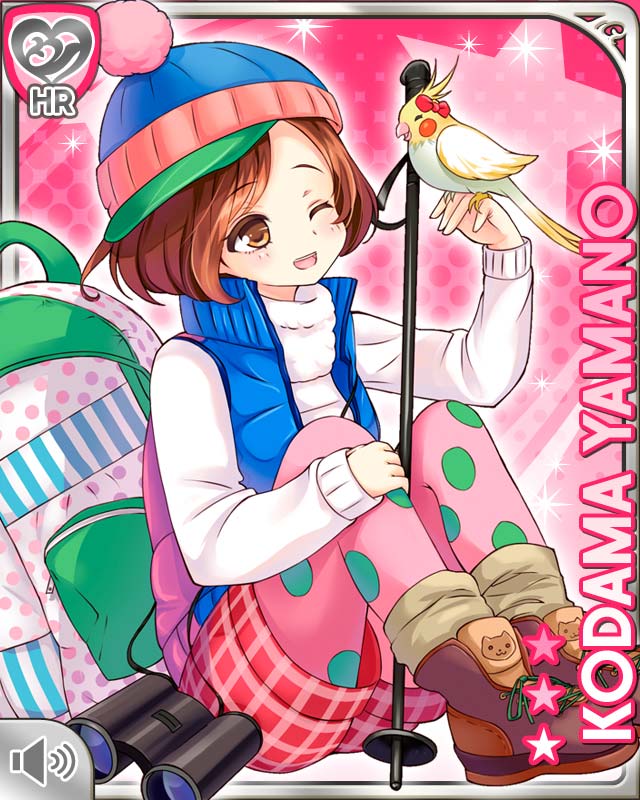 1girl, backpack, bag, bird, brown_eyes, brown_hair, card, closed_eye