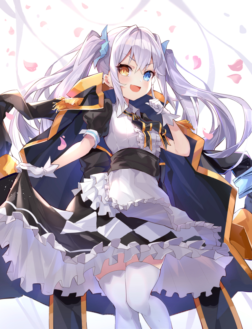 1girl, :d, apron, black_bow, black_jacket, black_skirt, blue_eyes, blush