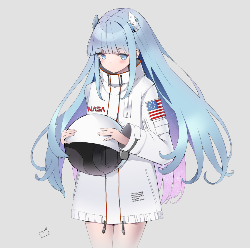 1girl, american_flag, american_flag_print, bad_id, bad_pixiv_id, blue_eyes, blue_hair, blunt_bangs