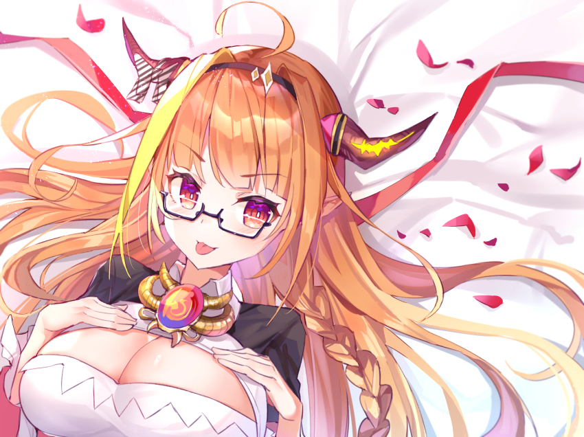 1girl, :p, ahoge, bad_id, bad_pixiv_id, bed_sheet, black-framed_eyewear, black_hairband