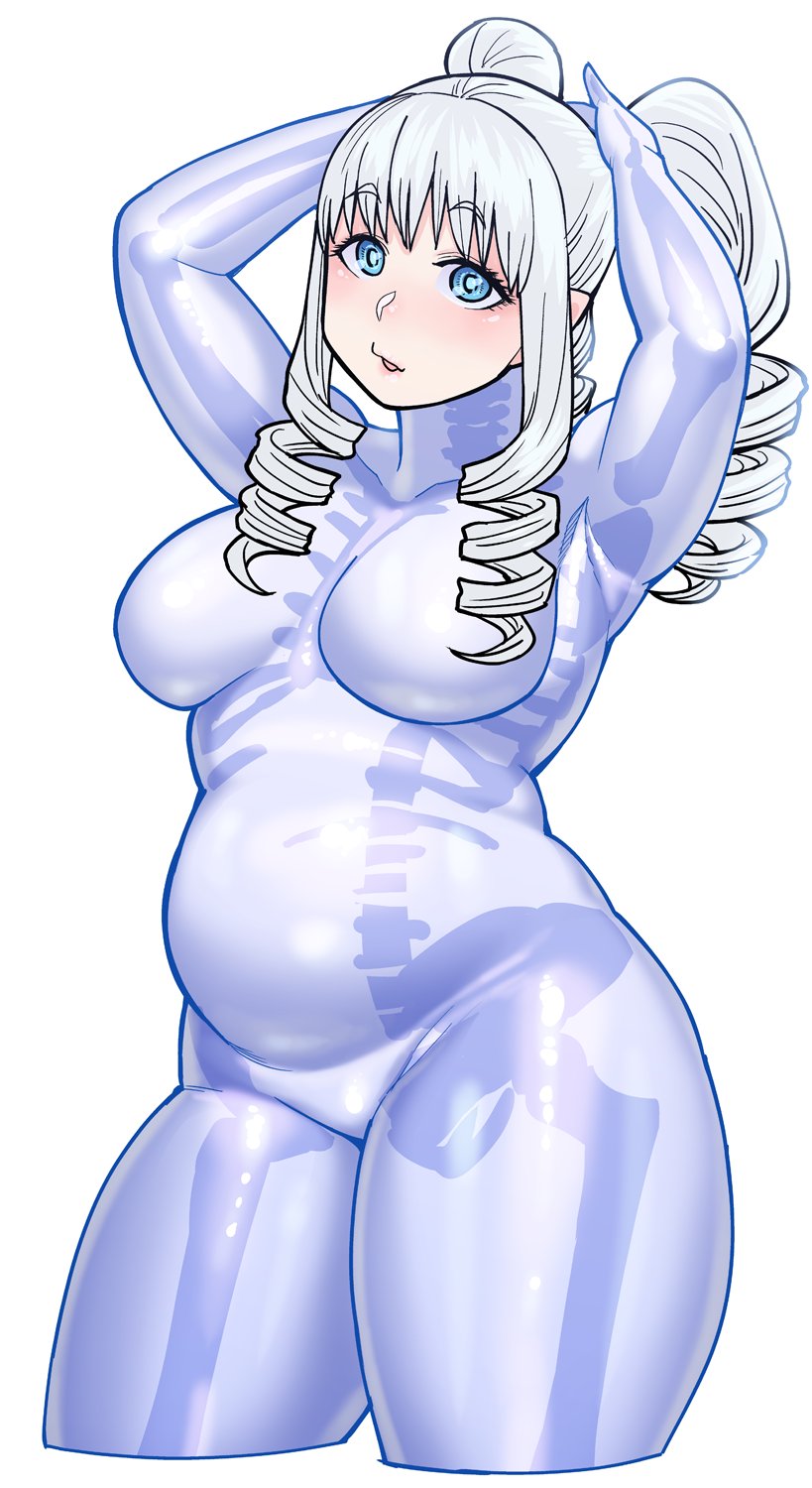 1girl, arms_up, belly, blue_eyes, bodysuit, breasts, commentary_request, cropped_legs, drill_hair, drill_sidelocks, elf-san_wa_yaserarenai., female_focus, highres, honeda_(elf-san_wa_yaserarenai.), long_hair, looking_at_viewer, medium_breasts, original, parted_lips, plump, raised_eyebrows, sidelocks, simple_background, solo, synecdoche, thick_arms, thick_thighs, thighs, twintails, white_background, white_hair