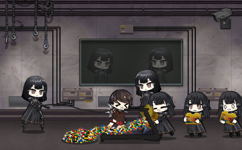 >_<, 1boy, 6+girls, black_hair, chibi, commander_(girls'_frontline), girls'_frontline, griffin_&amp;_kryuger_military_uniform, interrogation, lego, lego_brick, mercurows_(girls'_frontline), multiple_girls, nyto_(generic)_(girls'_frontline), nyto_(girls'_frontline), nyto_larvae_(girls'_frontline), o_o, security_camera, smile, the_mad_mimic, torture, treadmill, whip, whipping, window
