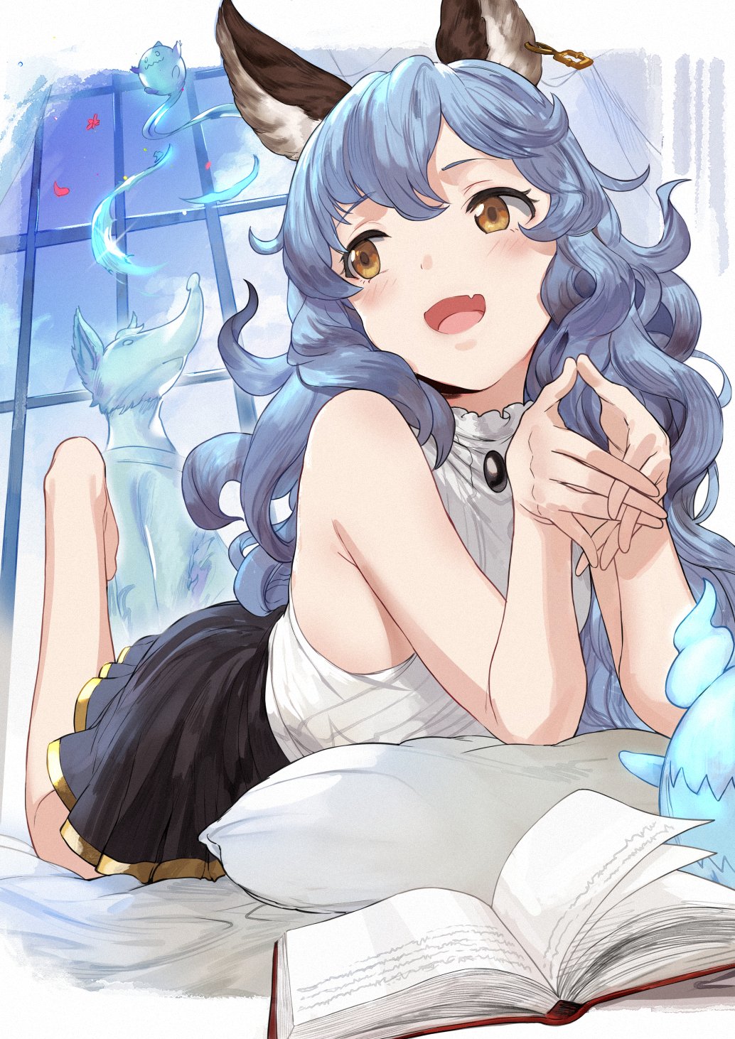 1girl, :d, aged_down, animal_ears, bare_shoulders, beppo_(granblue_fantasy), blue_hair, blush, book, brown_eyes, curly_hair, earrings, erune, fang, female_focus, ferry_(granblue_fantasy), fugee_(granblue_fantasy), full_body, ghost, granblue_fantasy, hair_between_eyes, hews, highres, jewelry, long_hair, looking_back, lying, nicola_(granblue_fantasy), on_stomach, open_book, open_mouth, own_hands_together, pleated_skirt, shirt, single_earring, skirt, sleeveless, sleeveless_shirt, smile, solo, very_long_hair, white_shirt, yellow_eyes