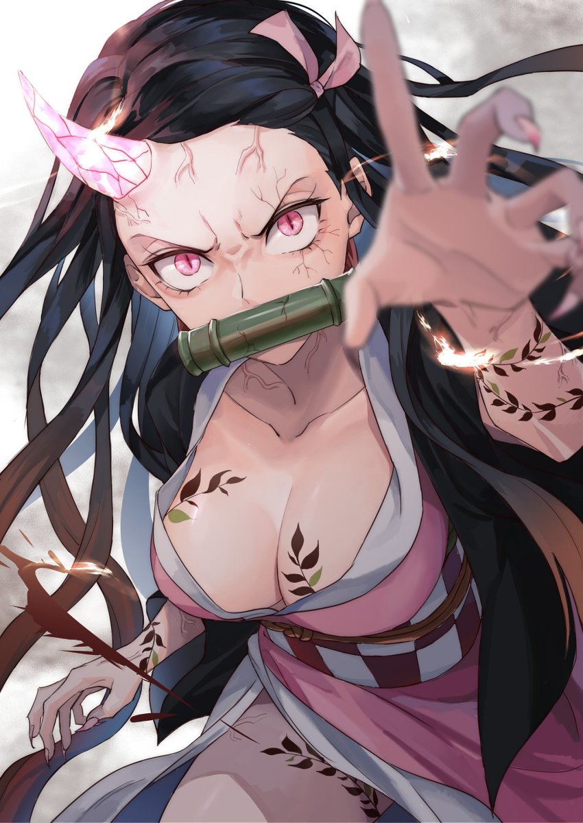 1girl, amedan, bamboo, bit_gag, black_hair, breasts, checkered_sash, cleavage, female_focus, fingernails, gag, hair_ribbon, highres, horns, japanese_clothes, kamado_nezuko, kamado_nezuko_(demon), kimetsu_no_yaiba, kimono, large_breasts, looking_at_viewer, oni_horns, pink_eyes, pink_kimono, ribbon, sharp_fingernails, single_horn, slit_pupils, solo, spoilers, veins