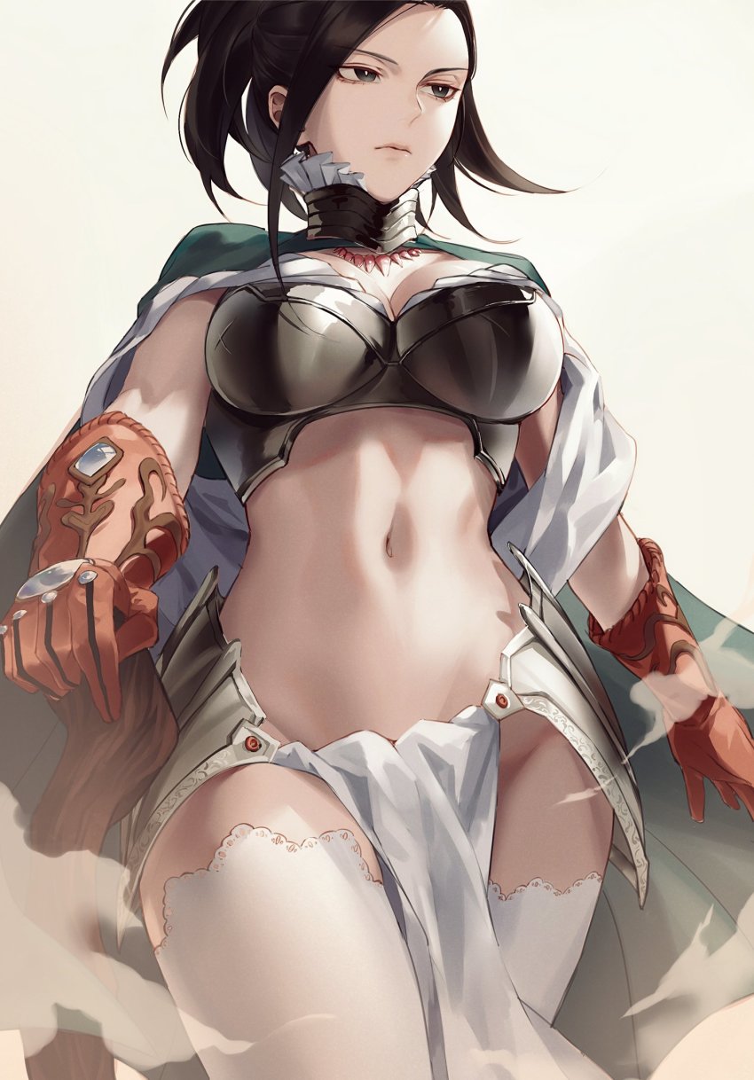 1girl, alternate_universe, amedan, armor, bad_id, bad_twitter_id, bikini_armor, black_eyes, black_hair, boku_no_hero_academia, boobplate, breastplate, breasts, cleavage, fantasy, faulds, female_focus, female_knight, gauntlets, highres, holding, holding_sword, holding_weapon, knight, midriff, navel, no_panties, official_alternate_costume, pelvic_curtain, ponytail, simple_background, solo, sword, thighhighs, weapon, white_background, yaoyorozu_momo