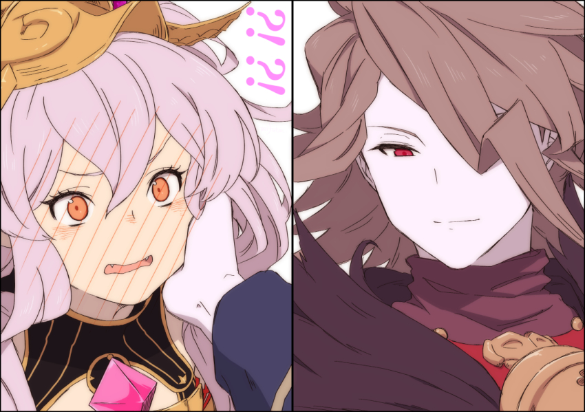 baal_(granblue_fantasy), blush, brown_hair, full-face_blush, granblue_fantasy, hair_between_eyes, headgear, light_purple_hair