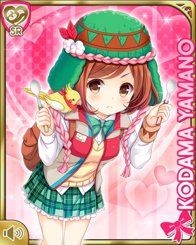1girl, backpack, bag, bird, bow, breasts, brown_hair, card