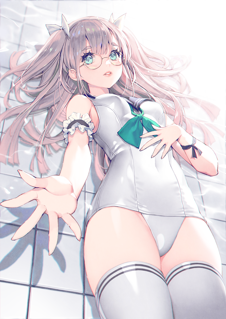 1girl, aqua_eyes, aqua_neckerchief, arm_garter, blunt_bangs, bow, breasts, chromatic_aberration