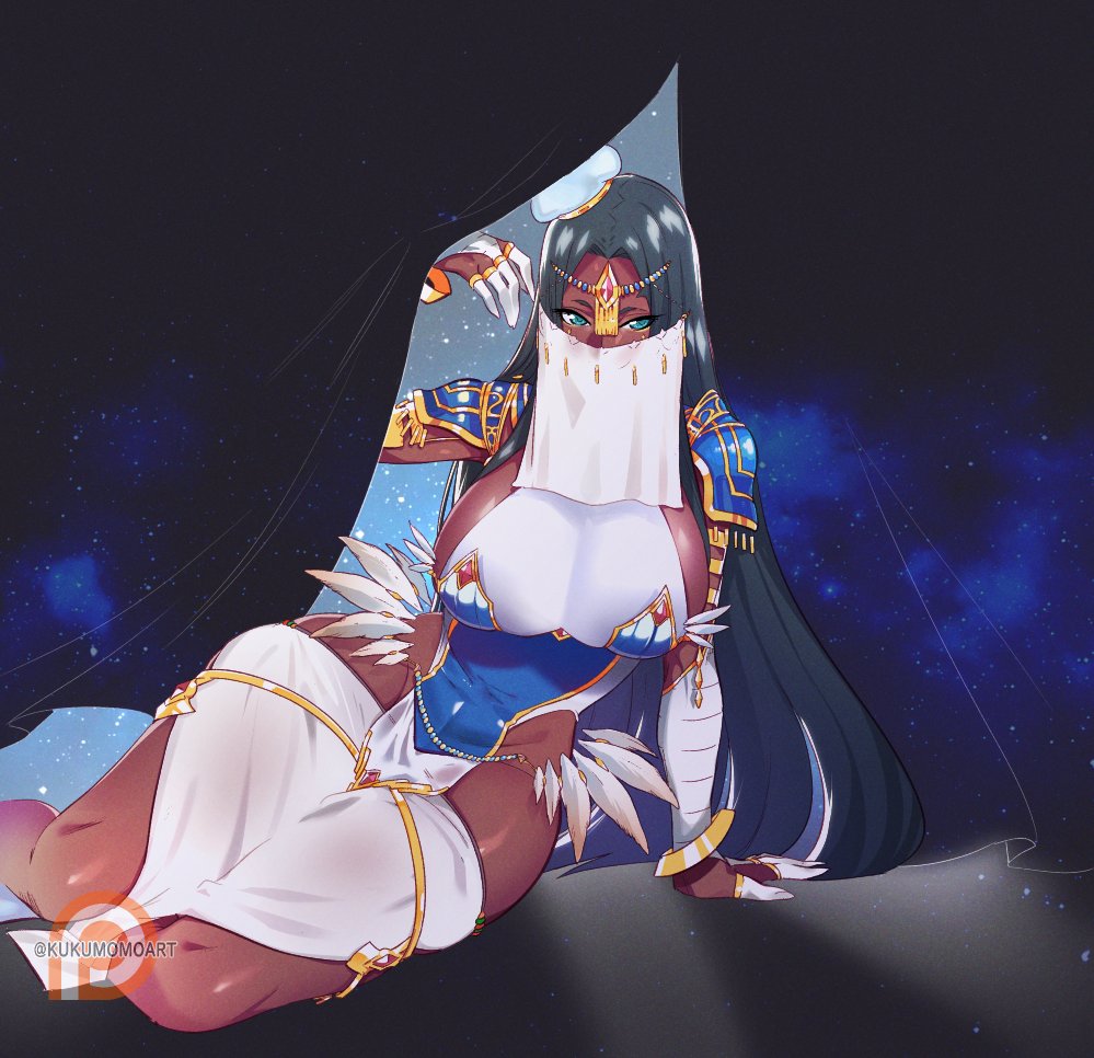 1girl, arm_support, armor, black_hair, breasts, circlet, cleavage, curtains, curvy, dark-skinned_female, dark_skin, fate/grand_order, fate_(series), female_focus, green_eyes, kukumomo, large_breasts, long_hair, looking_at_viewer, lying, mouth_veil, on_side, scheherazade_(fate), scheherazade_(first_ascension)_(fate), shoulder_armor, solo, veil