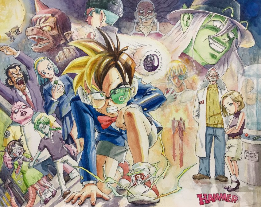1st_form_frieza, 6+boys, agasa_hiroshi, agasa_hiroshi_(cosplay), aged_down, akagi:_yami_ni_oritatta_tensai, akagi_shigeru, akai_shuuichi, akai_shuuichi_(cosplay), amuro_tooru, android_17, android_18, antennae, armor, artist_name, baby, black_hair, blonde_hair, blue_eyes, blue_hair, bow, bowtie, braid, bulma, character_request, child, clenched_teeth, cosplay, crossover, dodoria, dr._gero_(dragon_ball), dragon_ball, dragon_ball_z:_the_tree_of_might, dragon_radar, dragonball_z, dress, edogawa_conan, edogawa_conan_(cosplay), electricity, fangs, formal_clothes, frieza, fukumoto_mahjong, genderswap, genderswap_(mtf), gin_(meitantei_conan), gin_(meitantei_conan)_(cosplay), glasses, green_dress, haibara_ai, haibara_ai_(cosplay), hairband, hammar_dobucof, hat, highres, horns, hyoudou_kazutaka, itou_kaiji, jacket, tobaku_mokushiroku_kaiji, kojima_genta, kojima_genta_(cosplay), kuririn, lab_coat, long_hair, meitantei_conan, mouri_kogoro, mouri_kogoro_(cosplay), mouri_ran, mouri_ran_(cosplay), mr._satan, multiple_boys, multiple_crossover, multiple_girls, necktie, on_one_knee, oozaru, painting_(medium), parody, piccolo, pleated_skirt, pointy_ears, saiyan_armor, school_uniform, scouter, shorts, shoulder_armor, single_braid, skirt, snot, son_gohan, standing, suit, super_saiyan, suzuki_sonoko, suzuki_sonoko_(cosplay), sweat, sweatdrop, tail, teeth, toninjinka, toriyama_akira_(style), traditional_media, transformation, trunks_(dragon_ball), trunks_(future)_(dragon_ball), tsuburaya_mitsuhiko, tsuburaya_mitsuhiko_(cosplay), tullece, tullece_(cosplay), watercolor_(medium), white_hair, yoshida_ayumi, yoshida_ayumi_(cosplay), zarbon