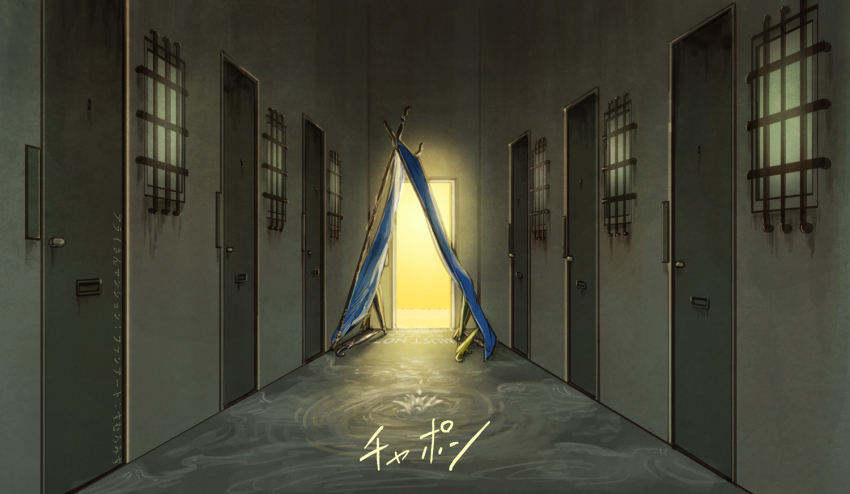 arai-san_mansion, barred_window, commentary, door, elevator, hallway, indoors, kemono_friends