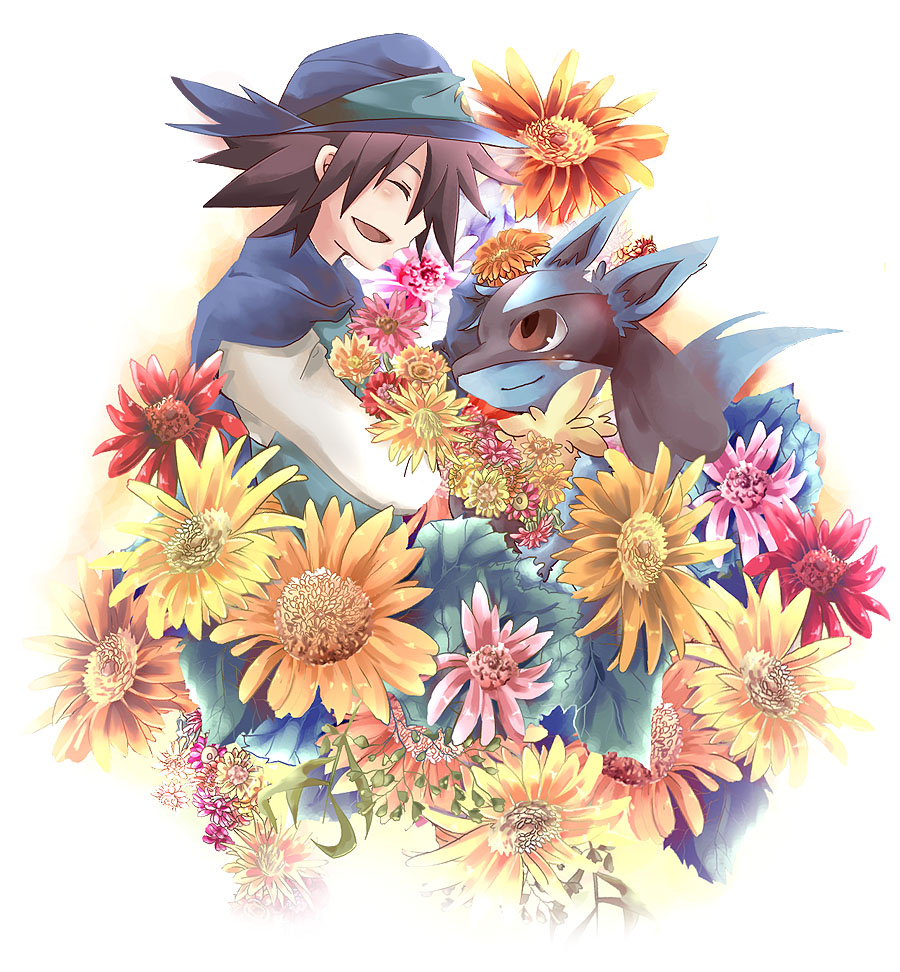 00s, 1boy, bad_id, bad_pixiv_id, black_hair, blush, closed_eyes, flower