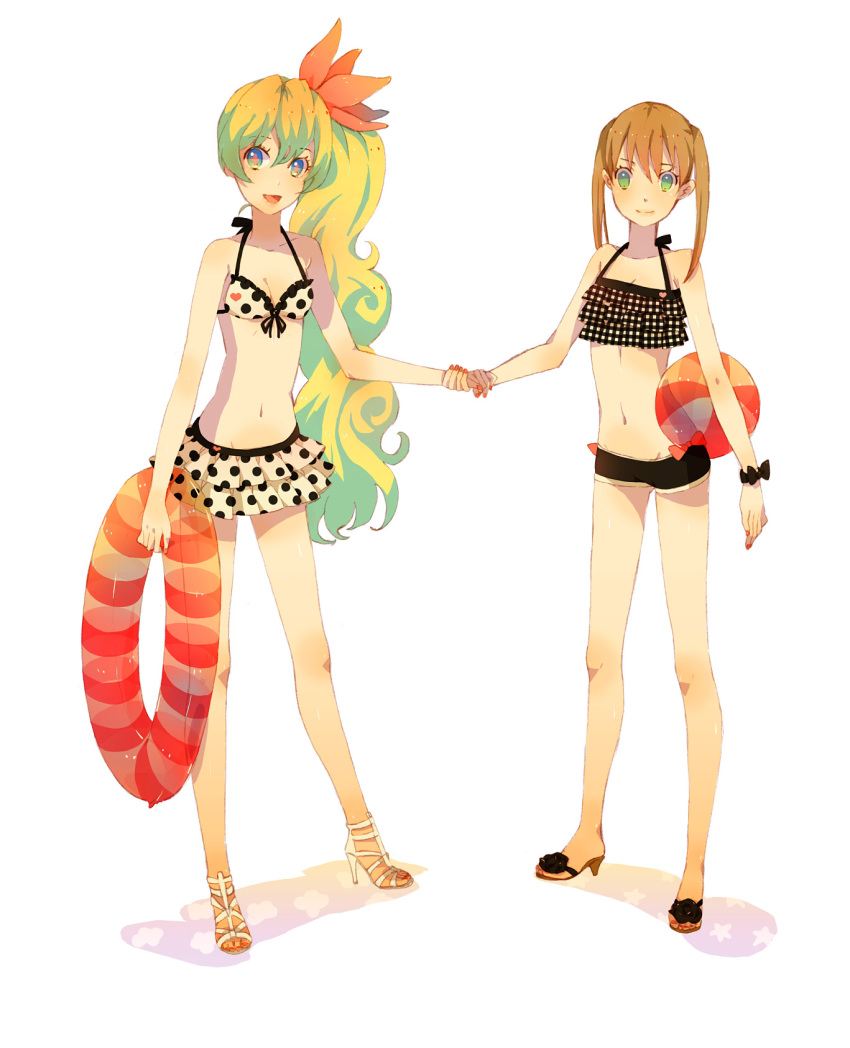 00s, 2girls, bad_id, bad_pixiv_id, ball, beachball, bikini, bikini_skirt, blush, crossover, feet, flat_chest, highres, holding_hands, innertube, kuko, long_hair, long_legs, maka_albarn, multiple_girls, nia_teppelin, open_shoes, shoes, side_ponytail, skinny, smile, soul_eater, swim_ring, swimsuit, tengen_toppa_gurren_lagann, twintails
