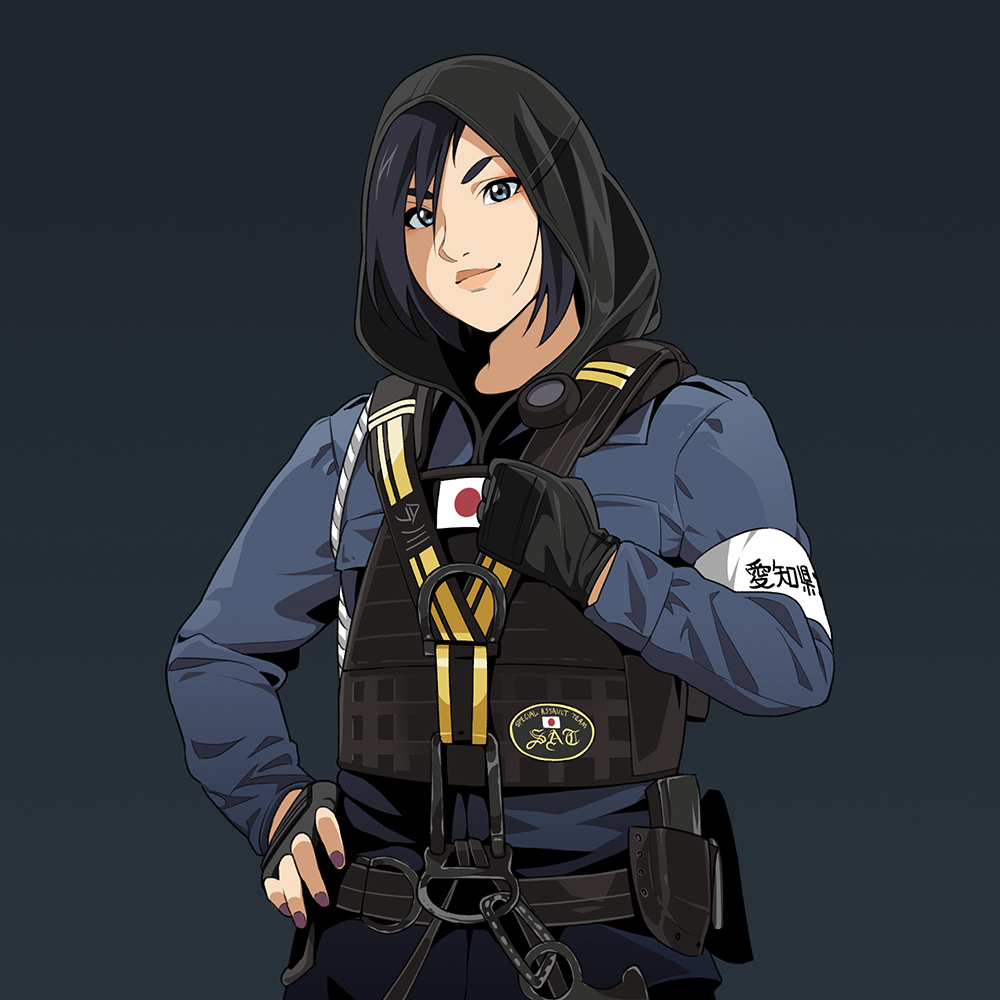 1girl, armband, belt, black_hair, blue_jacket, female_focus, fingerless_gloves, gloves, grey_background, grey_eyes, hand_on_own_hip, hand_up, hibana_(rainbow_six_siege), hood, hooded_jacket, jacket, looking_at_viewer, pouch, rainbow_six_siege, solo, suzushiro_(suzushiro333), vest