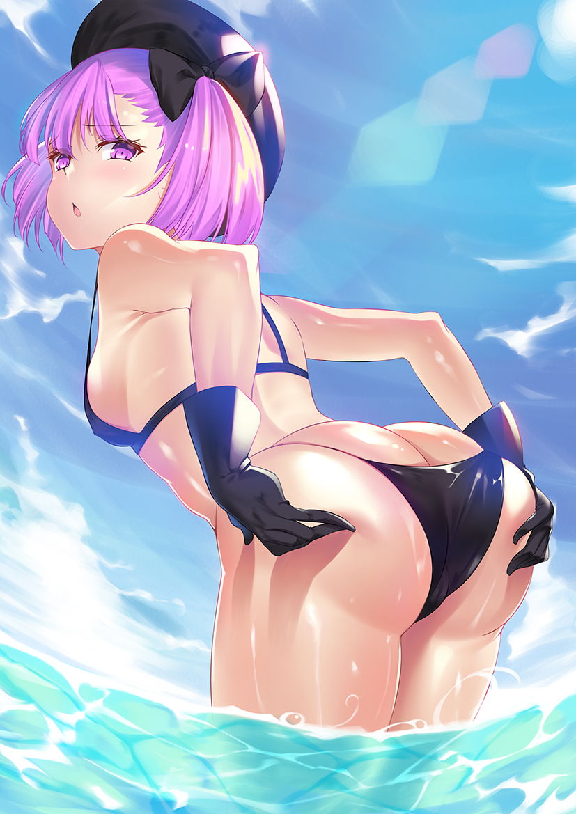 1girl, armpits, ass, ass_grab, back, bare_shoulders, bikini, black_bikini, black_hat, blush, breasts, butt_crack, covered_erect_nipples, day, fate/grand_order, fate_(series), female_focus, gloves, hands_on_ass, hat, helena_blavatsky_(fate), helena_blavatsky_(swimsuit_archer)_(third_ascension)_(fate), looking_at_viewer, looking_back, majin_(kiidoumajin), open_mouth, purple_eyes, purple_hair, shiny_skin, short_hair, small_breasts, solo, swimsuit, thighs, wading, water