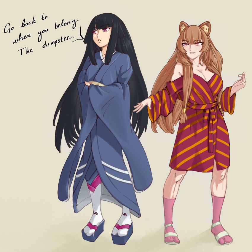 2girls, absurdres, animal_ears, black_hair, blue_robe, breasts, brown_hair, cleavage