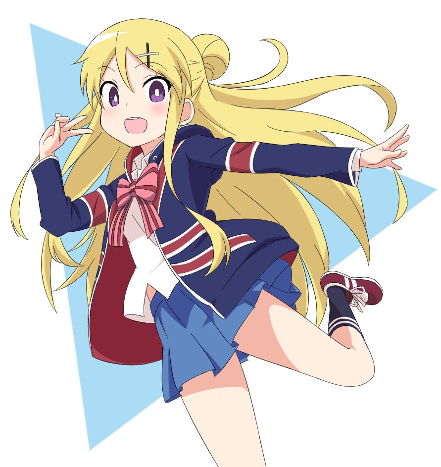 1girl, black_socks, blonde_hair, blouse, blue_jacket, blue_skirt, bow, bowtie