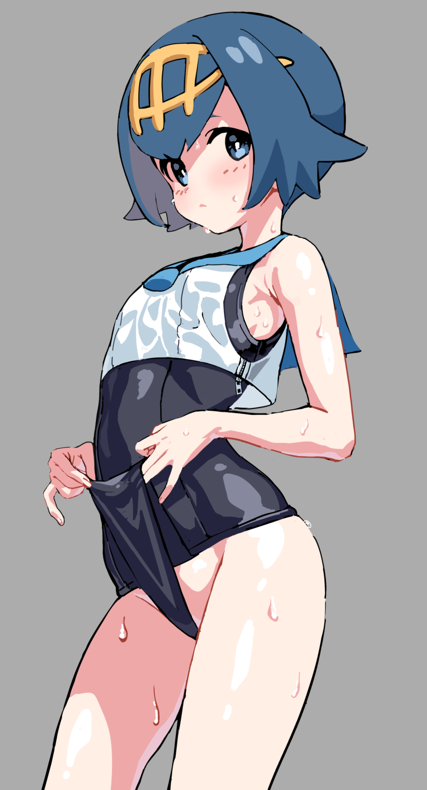 1girl, absurdres, blue_eyes, blue_hair, blue_one-piece_swimsuit, blush, bright_pupils, clothes_pull