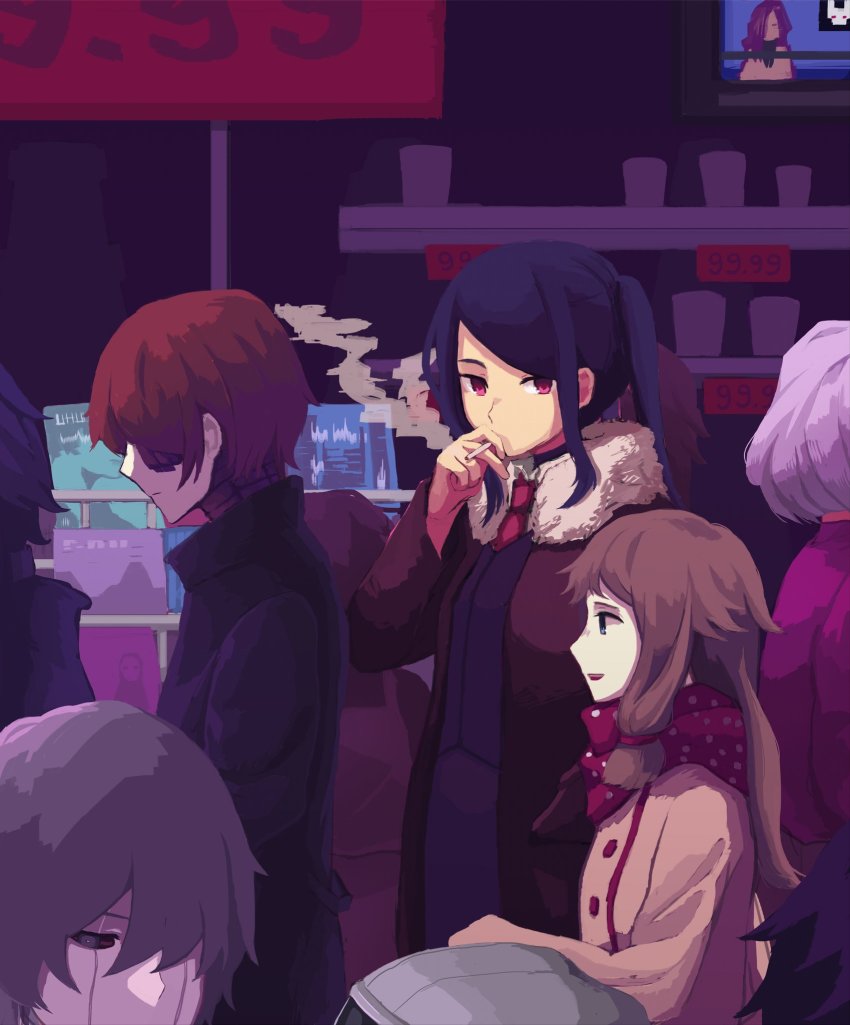 2girls, android, artist_request, brown_hair, cigarette, crowd, fur_collar, gabrielle_(va-11_hall-a)