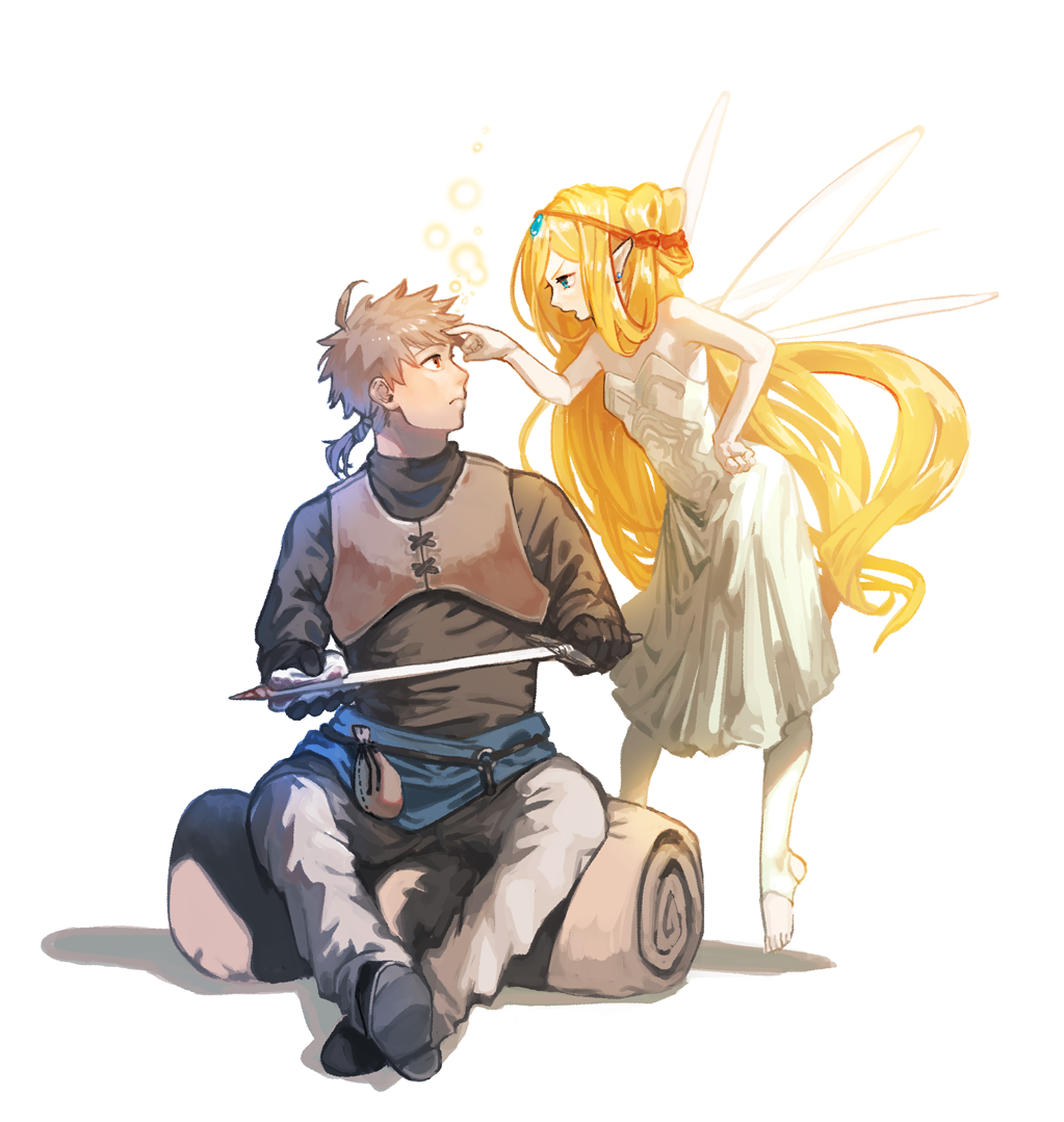 1boy, 1girl, ahoge, armor, aynoh, bare_shoulders, bedroll, black_footwear, black_gloves, blood, bloody_weapon, blue_eyes, cleaning, cleaning_weapon, closed_mouth, dress, earrings, fairy, fairy_wings, fantasy, fingernails, floating, gloves, hand_on_own_hip, holding, holding_sword, holding_weapon, jewelry, leather_armor, long_fingernails, long_hair, looking_at_another, open_mouth, original, pointing, pointy_ears, ponytail, pouch, red_eyes, simple_background, single_earring, sitting, sword, very_long_hair, weapon, white_background, white_dress, wings