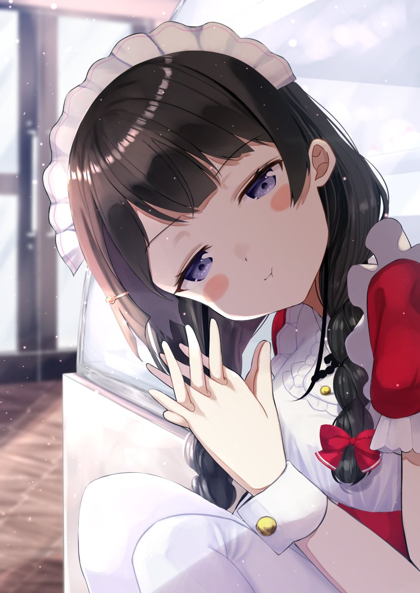 1girl, alternate_costume, apron, black_hair, blue_eyes, blurry, blurry_background, blush_stickers, braid, breasts, dress, enmaided, female_focus, frilled_sleeves, frills, hair_ornament, hair_ribbon, hairclip, head_tilt, light_particles, long_hair, looking_at_viewer, maid, maid_apron, maid_headdress, nijisanji, own_hands_clasped, own_hands_together, ponnu_(nikeytina), pout, red_dress, ribbon, short_sleeves, small_breasts, solo, squatting, sunlight, tress_ribbon, tsukino_mito, tsukino_mito_(maid), twin_braids, twintails, virtual_youtuber, white_legwear, wrist_cuffs
