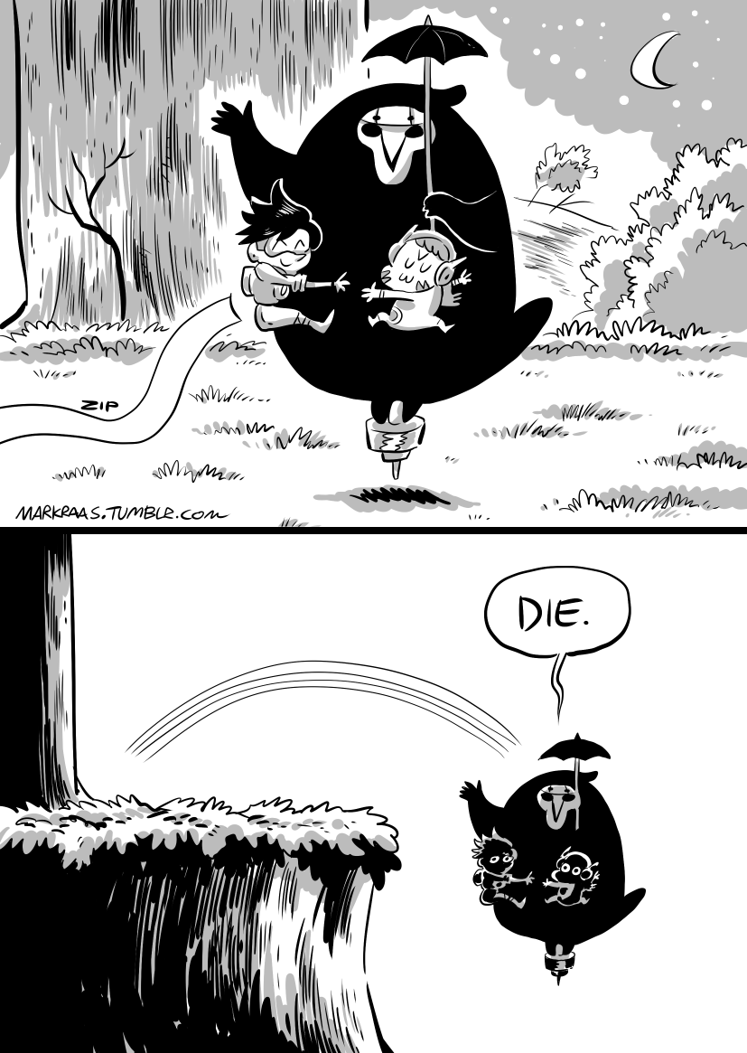 1boy, 2girls, chibi, cliff, cosplay, crossover, d.va_(gremlin), d.va_(overwatch)