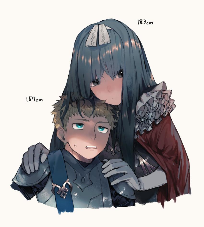 1boy, 1girl, armor, aynoh, black_eyes, blonde_hair, breastplate, cape