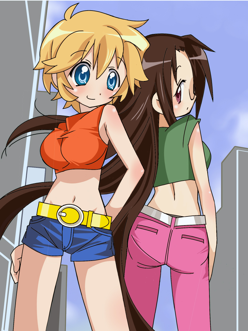 00s, 2girls, back-to-back, bad_id, bad_pixiv_id, bare_legs, bare_shoulders, belt, blonde_hair, blue_eyes, blush, breasts, brown_hair, casual, day, denim, denim_shorts, glasses, large_breasts, long_hair, looking_back, looking_to_the_side, lucky_star, midriff, multiple_girls, navel, panties, pantylines, patricia_martin, red_eyes, reverie_(artist), short_hair, shorts, sky, smile, tamura_hiyori, underwear, very_long_hair