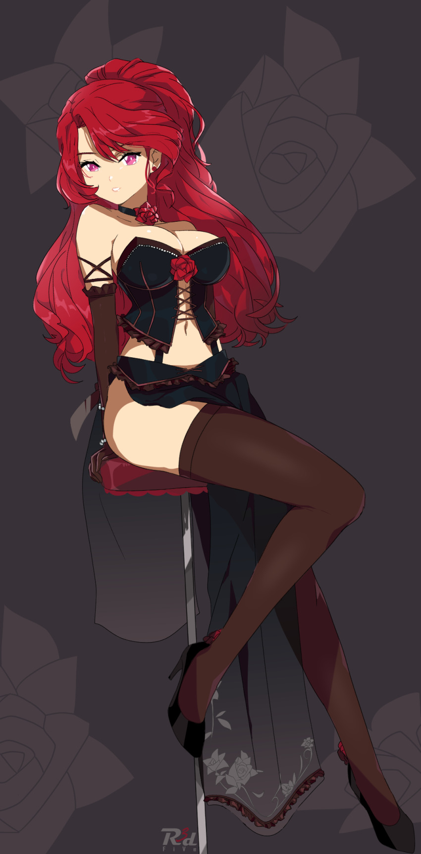 1girl, arms_behind_back, artist_name, bare_shoulders, black_background, black_bustier, black_choker, black_footwear