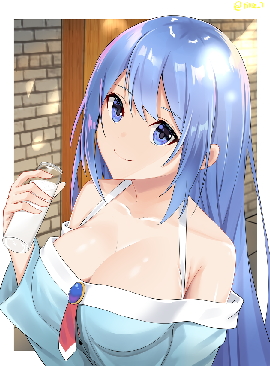 1girl, alternate_costume, alternate_hairstyle, aqua_(konosuba), bare_shoulders, blue_eyes, blue_hair, bottle