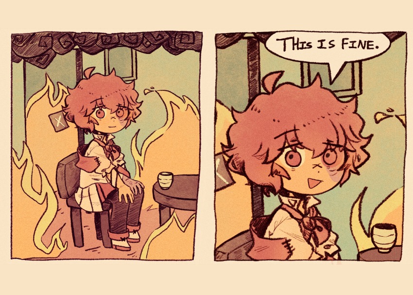 1boy, 2koma, absurdres, black_pants, chair, coat, comic, commentary, cup, edlinklover, english_commentary, english_text, fire, fukase, highres, indoors, looking_at_viewer, male_focus, meme, open_mouth, pants, red_eyes, red_hair, room, scar, scar_on_arm, scar_on_face, shoes, sitting, smoke, speech_bubble, table, teacup, this_is_fine_(meme), vocaloid, white_coat, xiangyun