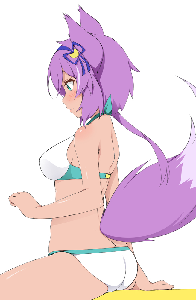 1girl, animal_ear_fluff, animal_ears, arm_support, ass, bare_arms, bare_shoulders, bikini