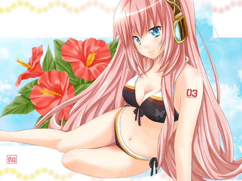 1girl, arm_support, bad_id, bad_pixiv_id, bikini, black_bikini, blue_eyes, breasts