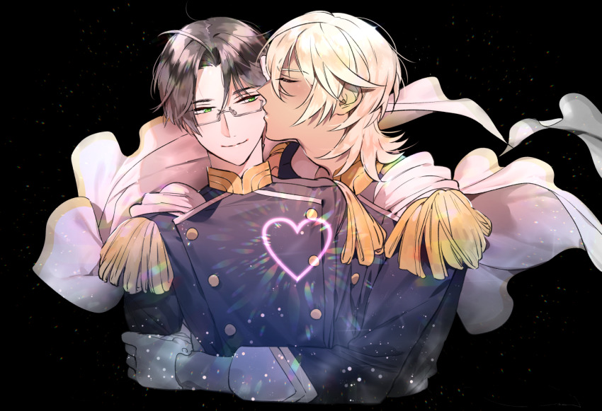 2boys, akutsu_mabu, bad_id, bad_pixiv_id, blonde_hair, brown_hair, cape, closed_eyes