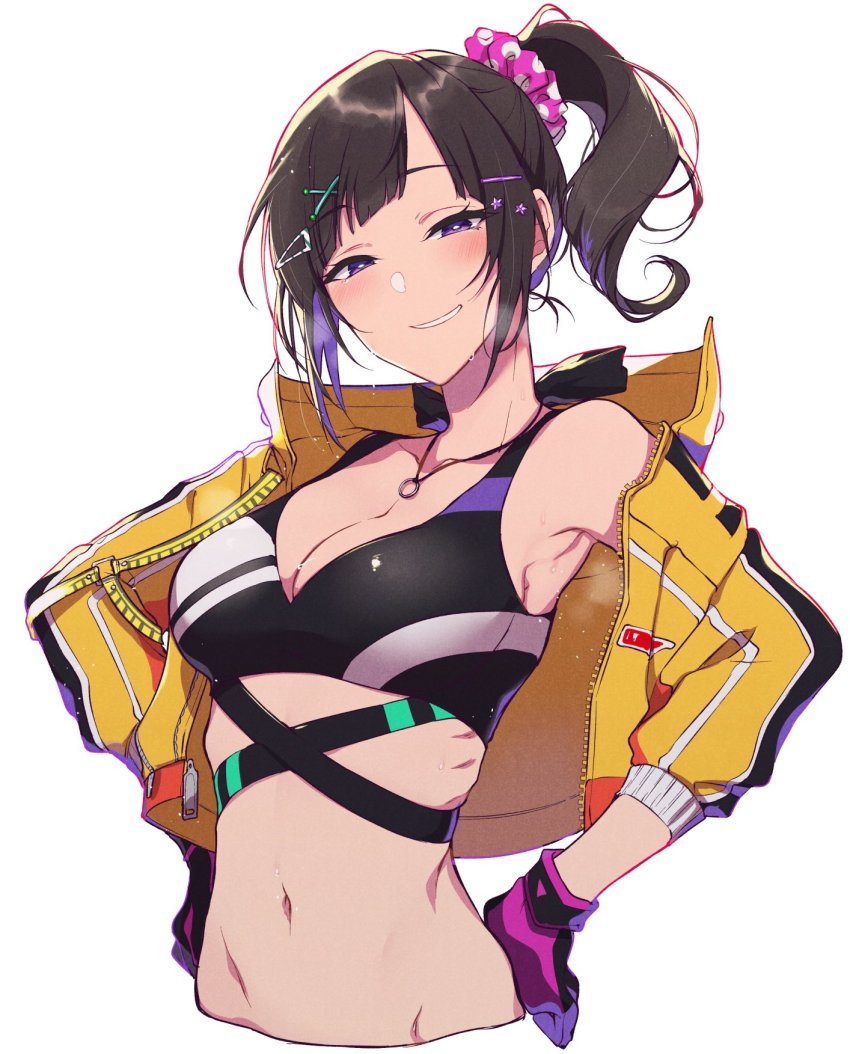1girl, armpits, breasts, brown_hair, cleavage, commentary, female_focus, gloves, grin, hair_ornament, hairclip, hayase_sou, hayase_sou_(1st_costume), highres, jacket, jewelry, large_breasts, midriff, navel, necklace, nijisanji, pochi_(pochi-goya), purple_hair, side_ponytail, simple_background, smile, solo, sports_bra, sweat, virtual_youtuber, white_background