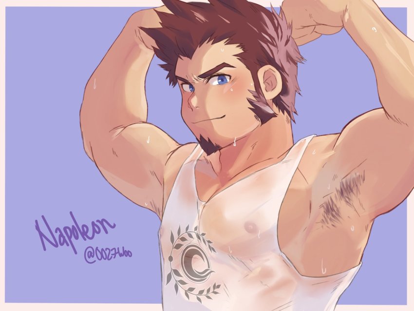 1boy, armpit_hair, bara, beard, blue_eyes, blush, brown_hair, facial_hair