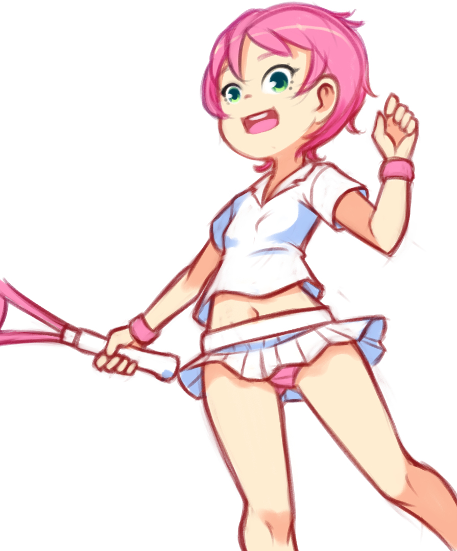 1girl, aelita, breasts, code_lyoko, drantyno, green_eyes, holding, navel, open_mouth, panties, pink_hair, pink_panties, racket, shirt, short_hair, short_sleeves, skirt, small_breasts, smile, sportswear, standing, teeth, tennis_racket, tennis_uniform, underwear, white_background, white_shirt, white_skirt, wind, wind_lift, wristband