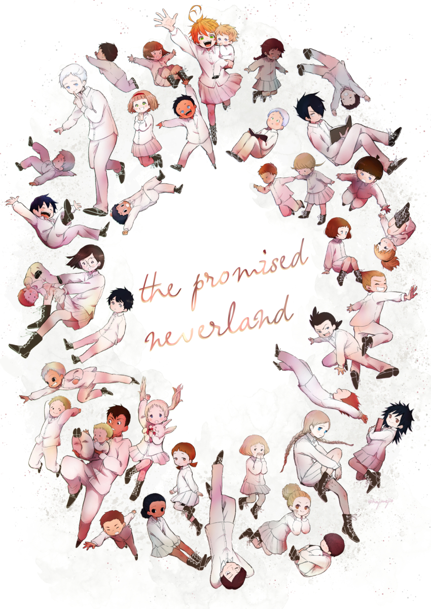 alicia_(yakusoku_no_neverland), anna_(yakusoku_no_neverland), black_hair, blonde_hair, book, brown_hair, carol_(yakusoku_no_neverland), chamberlain_(yakusoku_no_neverland)