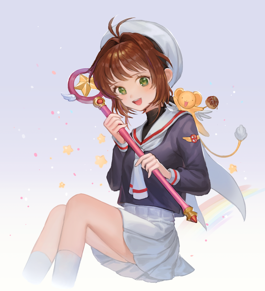 1girl, antenna_hair, black_shirt, brown_hair, cardcaptor_sakura, female_focus, grey_background, hair_intakes