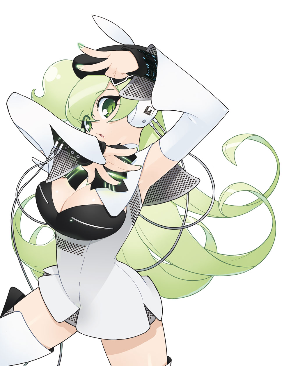 1girl, akatsuki_gomoku, apple_inc., beret, female_focus, green_eyes, green_hair, green_nails