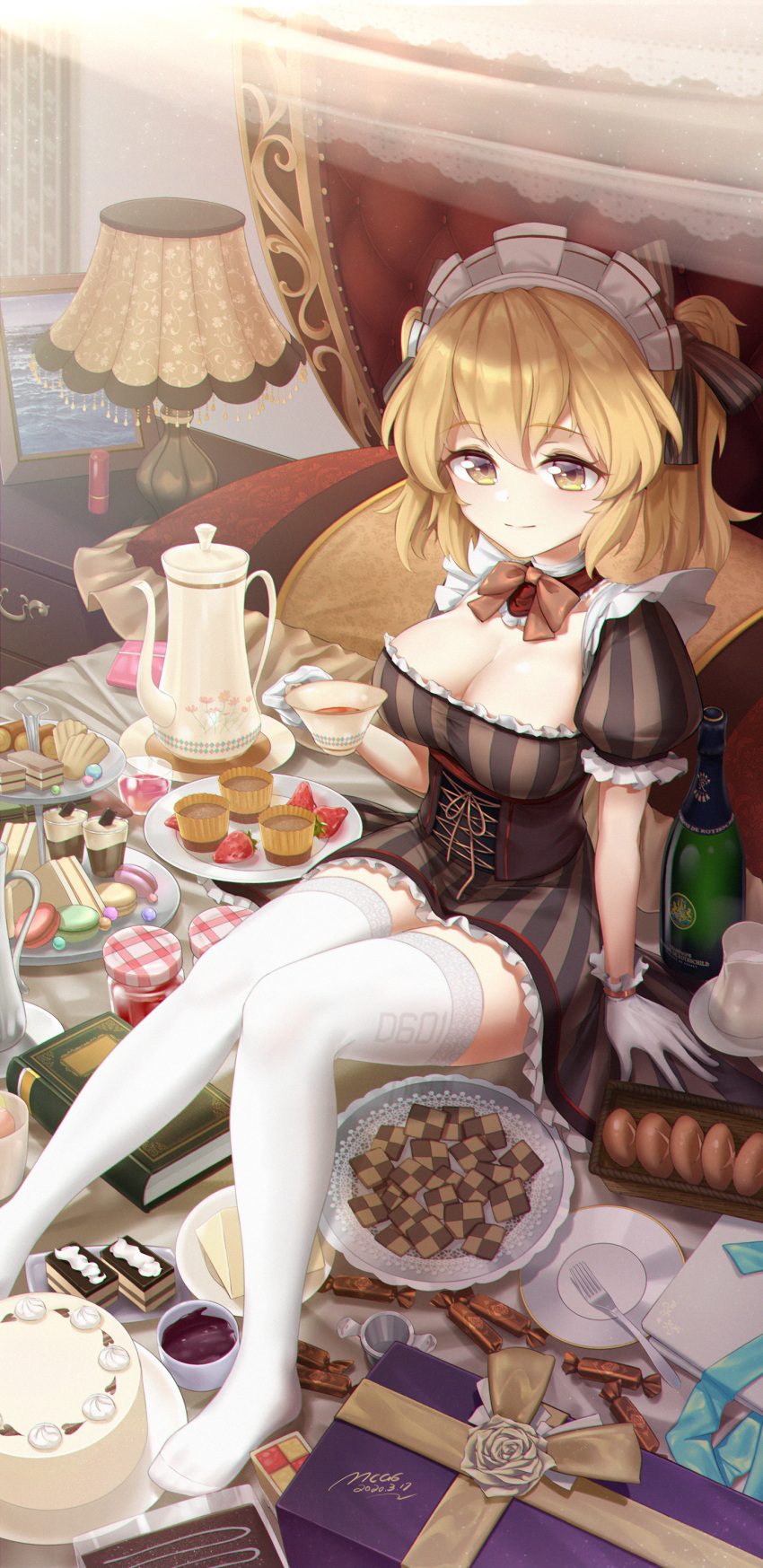 1girl, 727470991, absurdly_detailed_composition, absurdres, alternate_costume, blonde_hair, bottle, bread