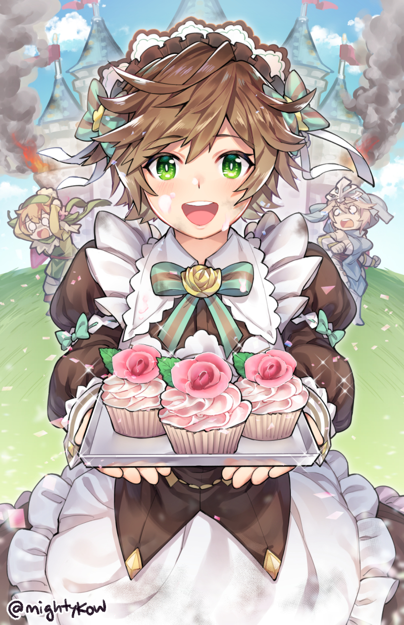 3girls, blush, breasts, brown_hair, castle, cibella, cupcake, dragalia_lost, fire, food, ge-b, green_eyes, highres, holding, holding_tray, large_breasts, long_sleeves, looking_at_viewer, melody_(dragalia_lost), messy_hair, multiple_girls, open_mouth, philia_(dragalia_lost), puffy_long_sleeves, puffy_sleeves, short_hair, smile, smoke, teeth, tomboy, tray, twitter_username, upper_teeth_only