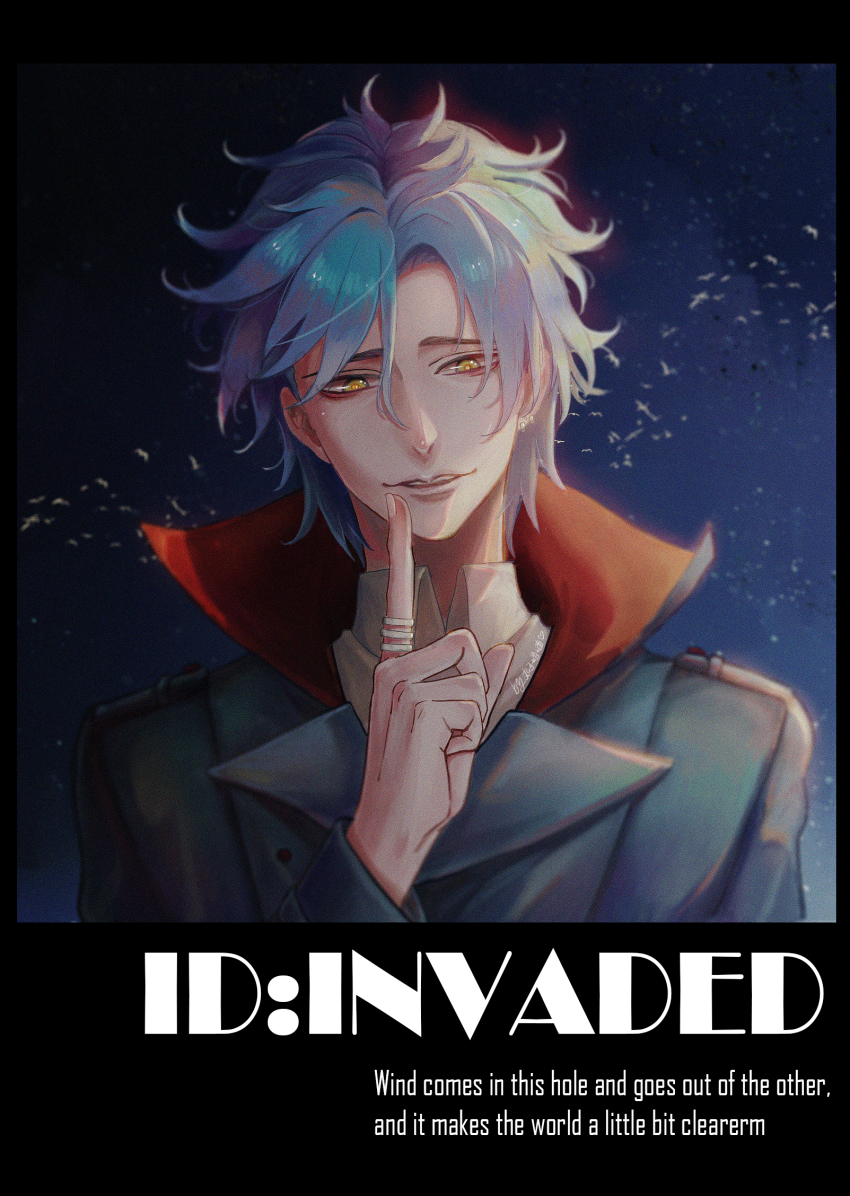 1boy, anaido, blue_background, blue_hair, coat, copyright_name, english_text, hair_between_eyes