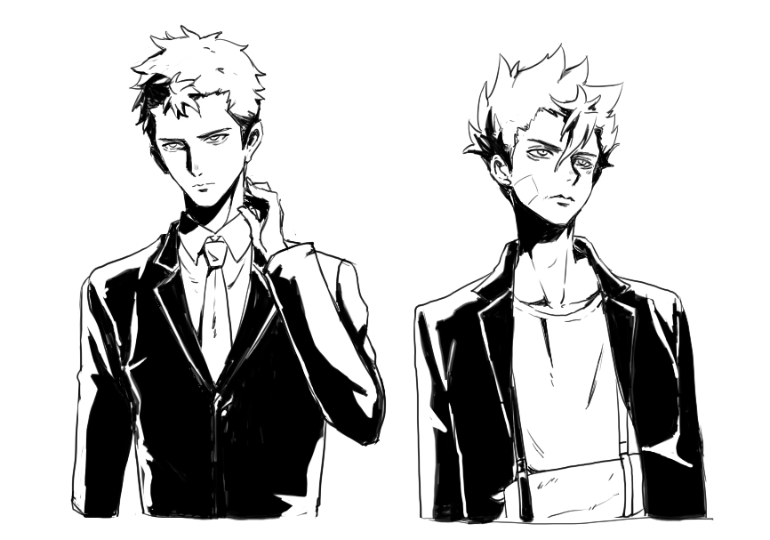 2boys, arm_sling, black_hair, black_suit, formal_clothes, greyscale, id_invaded, jacket, looking_at_viewer, male_focus, momoki_funetaro, monochrome, multiple_boys, narihisago_akihito, necktie, spiked_hair, suit, upper_body, wanzimiaomiao