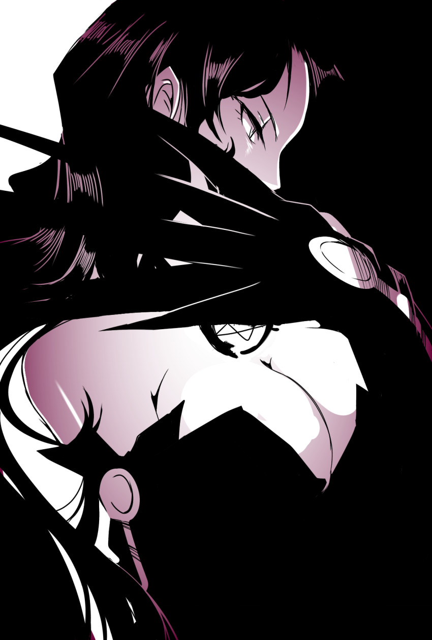 1girl, bare_shoulders, breasts, chest_tattoo, claws, cleavage, covered_mouth, dress, elbow_gloves, female_focus, fullmetal_alchemist, gloves, hand_up, highres, karubobo, large_breasts, long_hair, looking_to_the_side, lust_(fma), monochrome, ouroboros, simple_background, sleeveless, sleeveless_dress, solo, tattoo, upper_body, wavy_hair